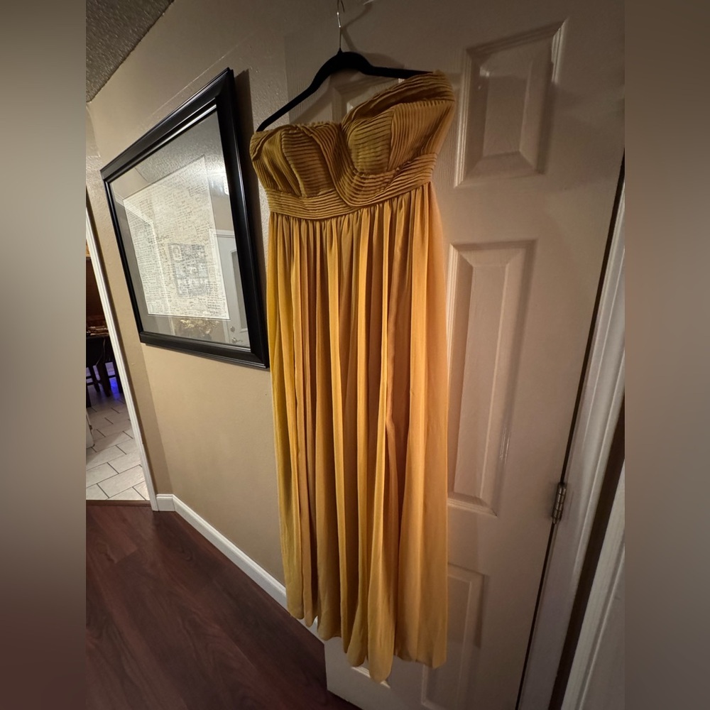 Aryn K Gold long Maxi Dress Pleated A-Line Cocktail